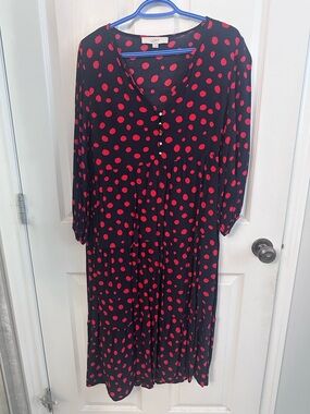 LOFT Navy Dress with Red Polka Dots V-Neck